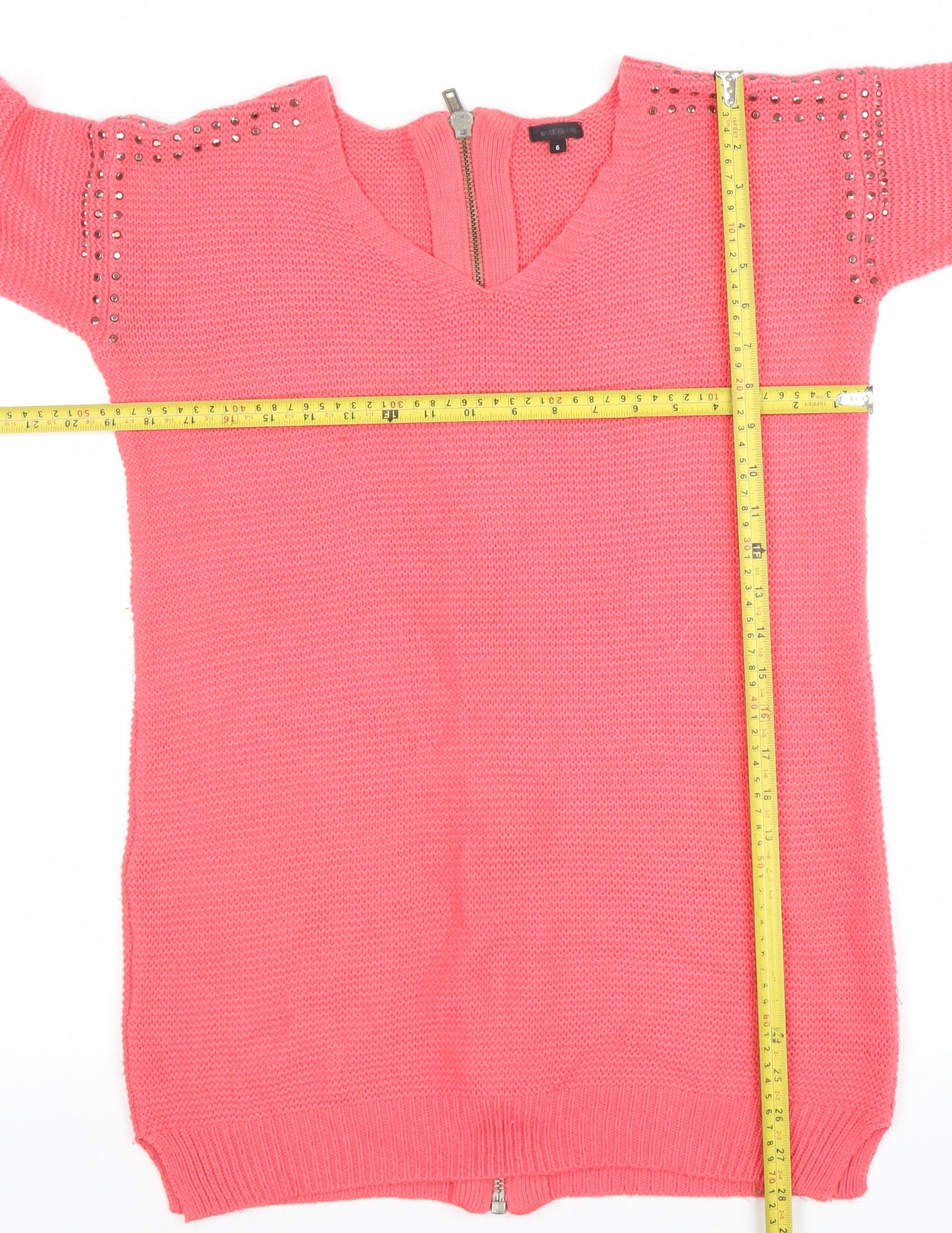 River Island Womens Pink V-Neck Studded Full Zip Knit Jumper Size 6