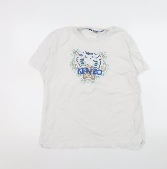Kenzo Men's White Tiger Logo Embroidered Cotton T-Shirt L