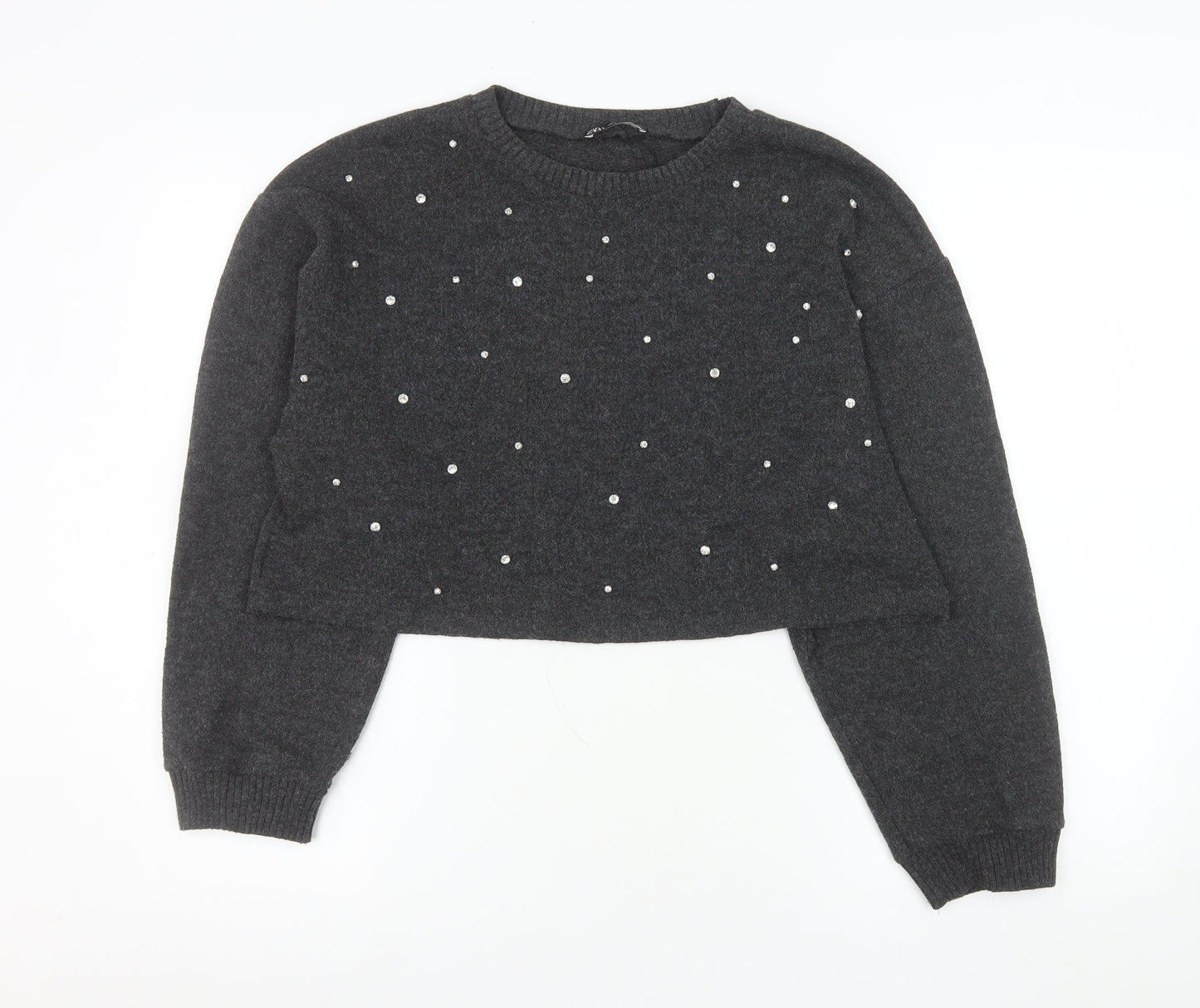Zara Women Grey Beaded Knit Pullover Jumper Size L