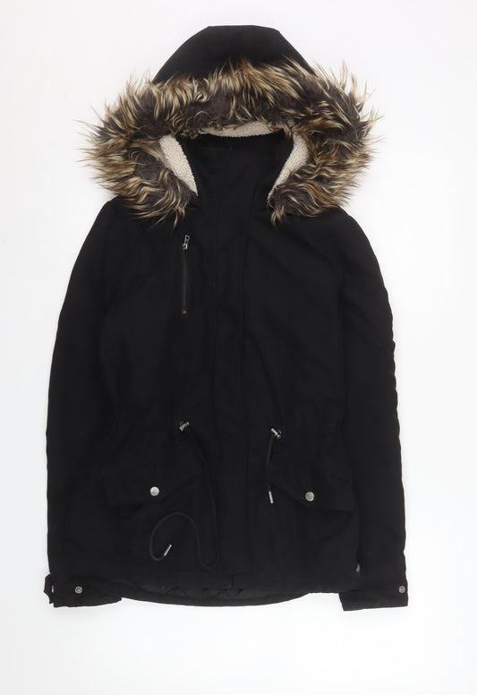 ONLY Womens Black Hooded Faux Fur Trim Parka Jacket XS