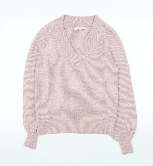 Next Womens Pink V-Neck Ribbed Knit Pullover Jumper XS