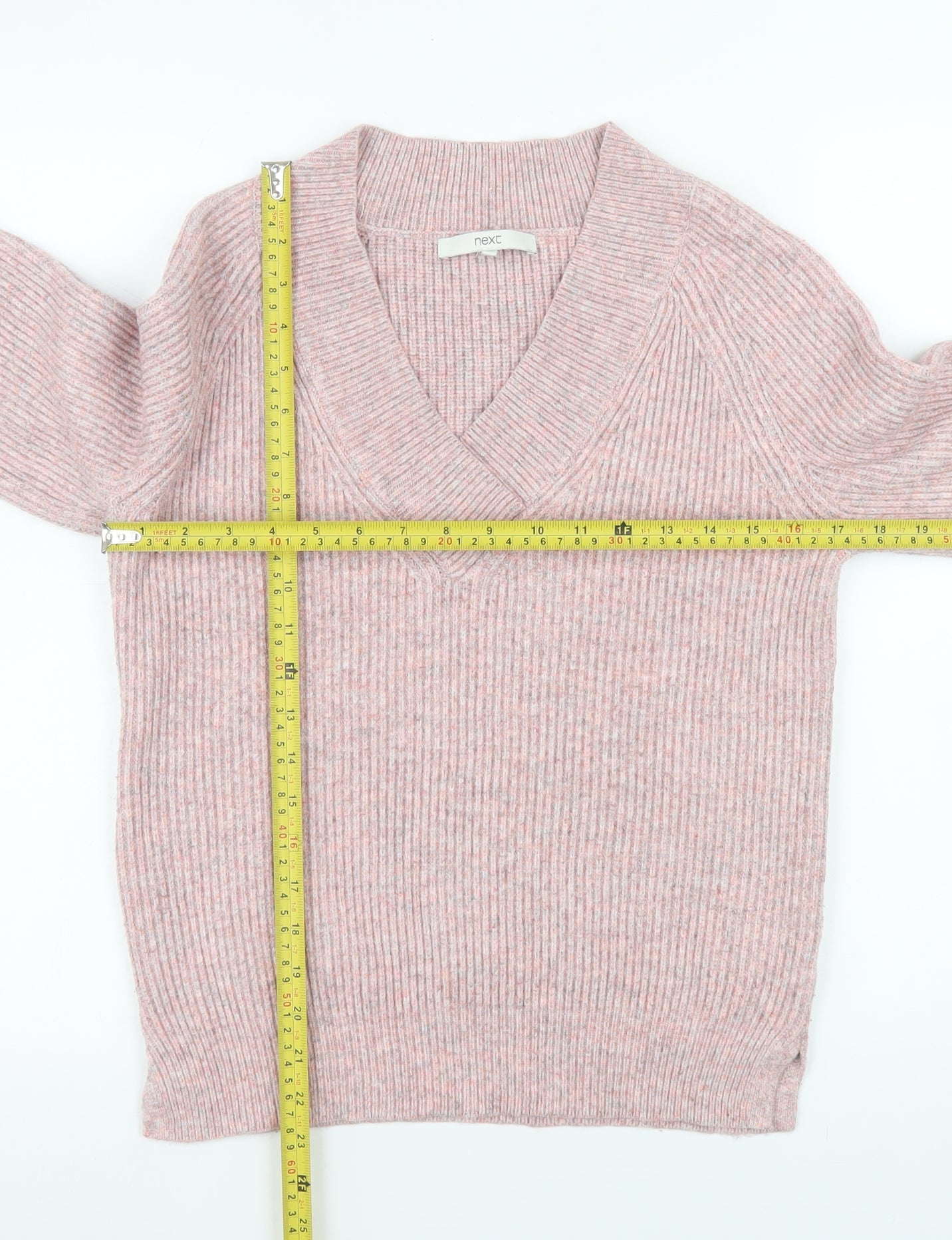 Next Womens Pink V-Neck Ribbed Knit Pullover Jumper XS