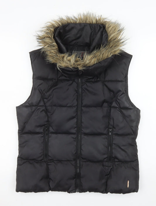 Firetrap Womens Black Fur Trim Puffer Gilet Size 12