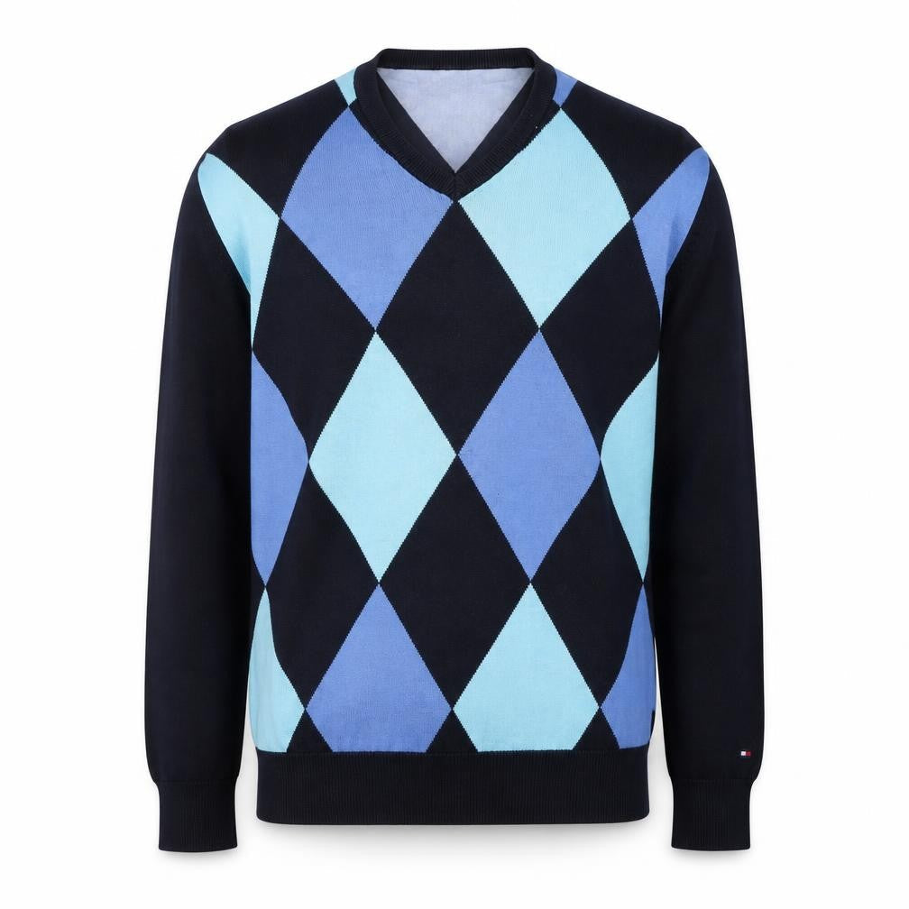 Tommy Hilfiger Mens Blue Argyle V-Neck Golf Cotton Jumper M