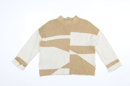 FOIL Women's Beige Mock Neck Striped Knit Pullover Jumper Size S