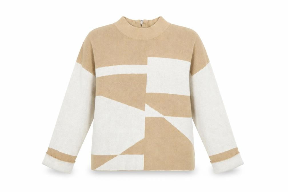 FOIL Women's Beige Mock Neck Striped Knit Pullover Jumper Size S