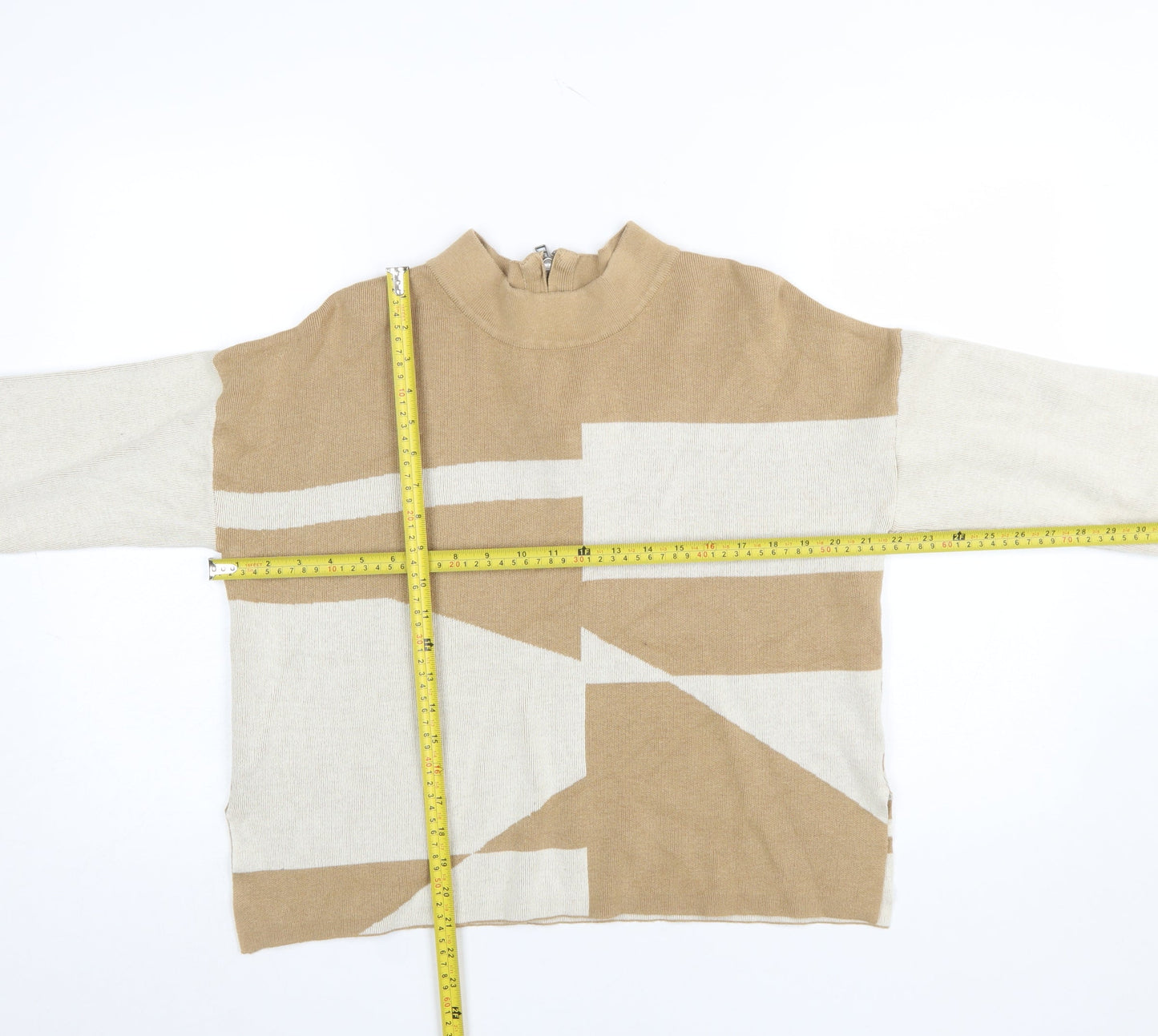 FOIL Women's Beige Mock Neck Striped Knit Pullover Jumper Size S