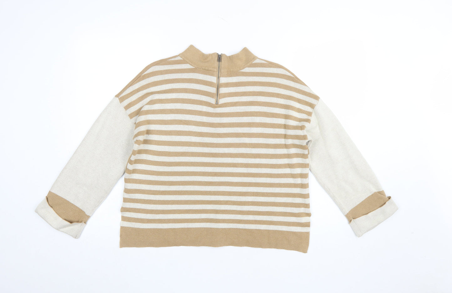FOIL Women's Beige Mock Neck Striped Knit Pullover Jumper Size S