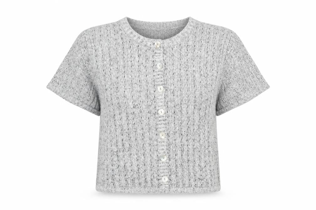 Anne Cramond Women's Grey Wool Blend Short Sleeve Cardigan L