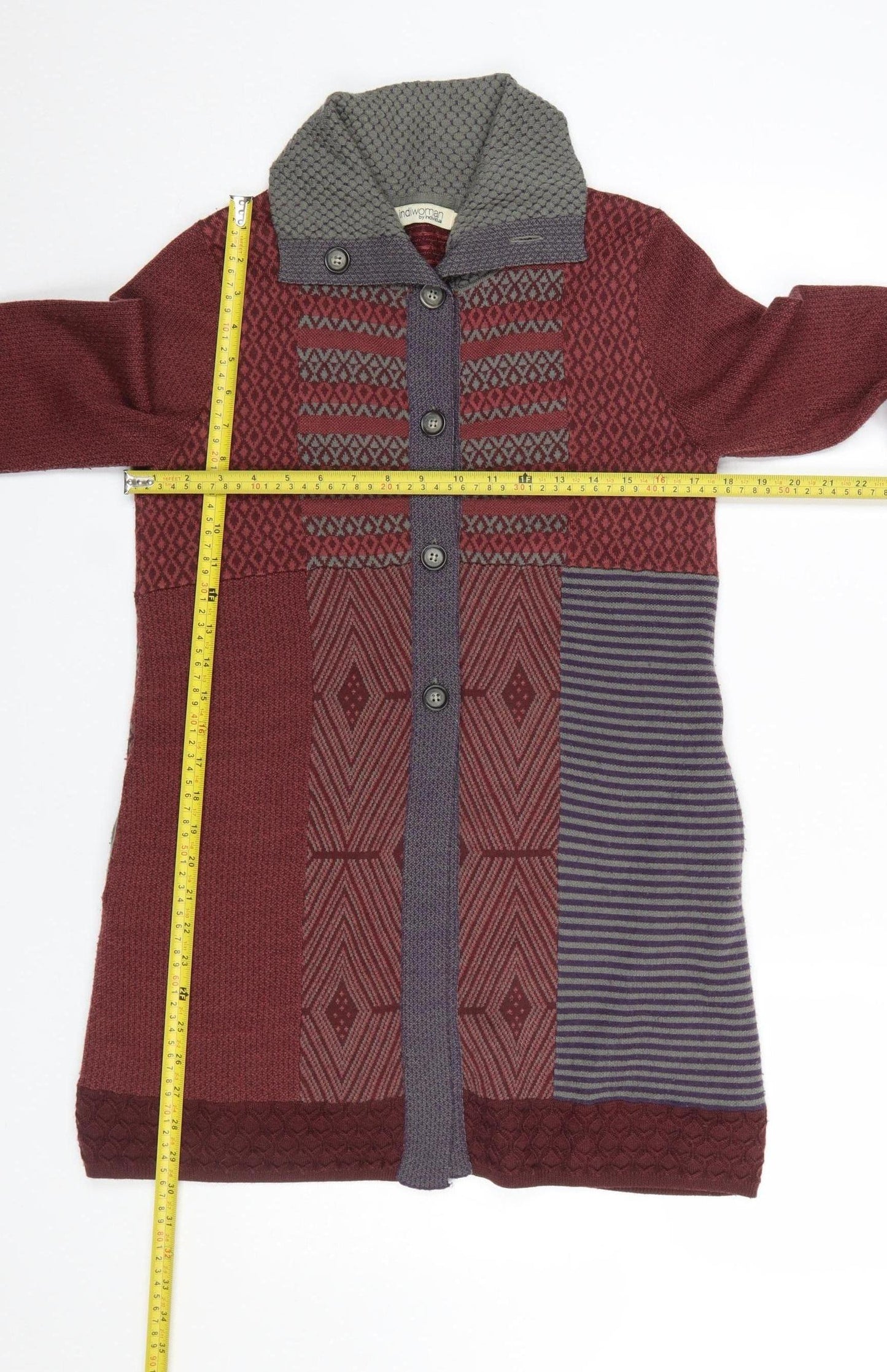 Indiwoman Red & Grey Patterned Wool Blend Long Cardigan Women’s M