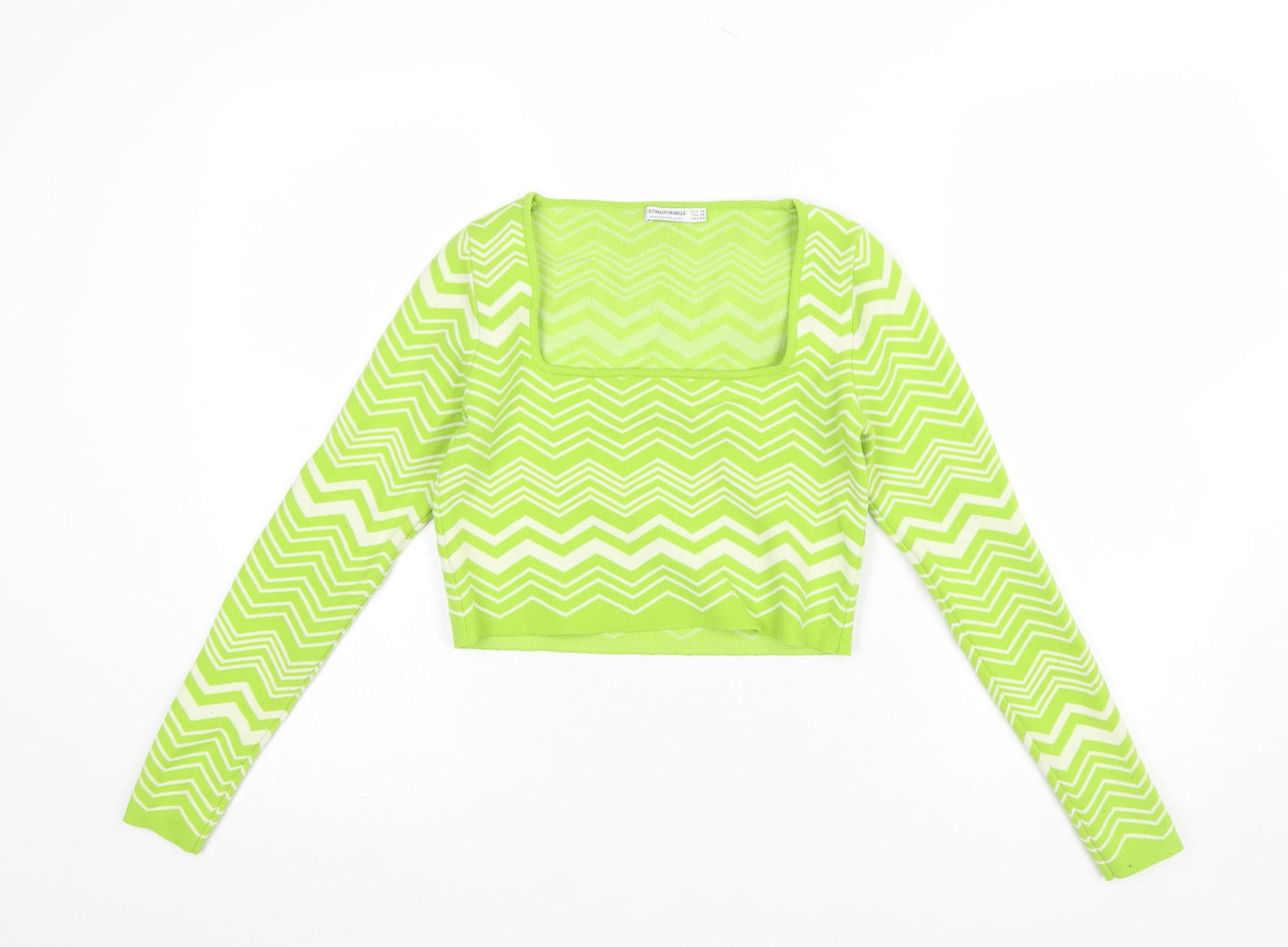 Stradivarius Women Green XS Zigzag Knit Square Neck Jumper