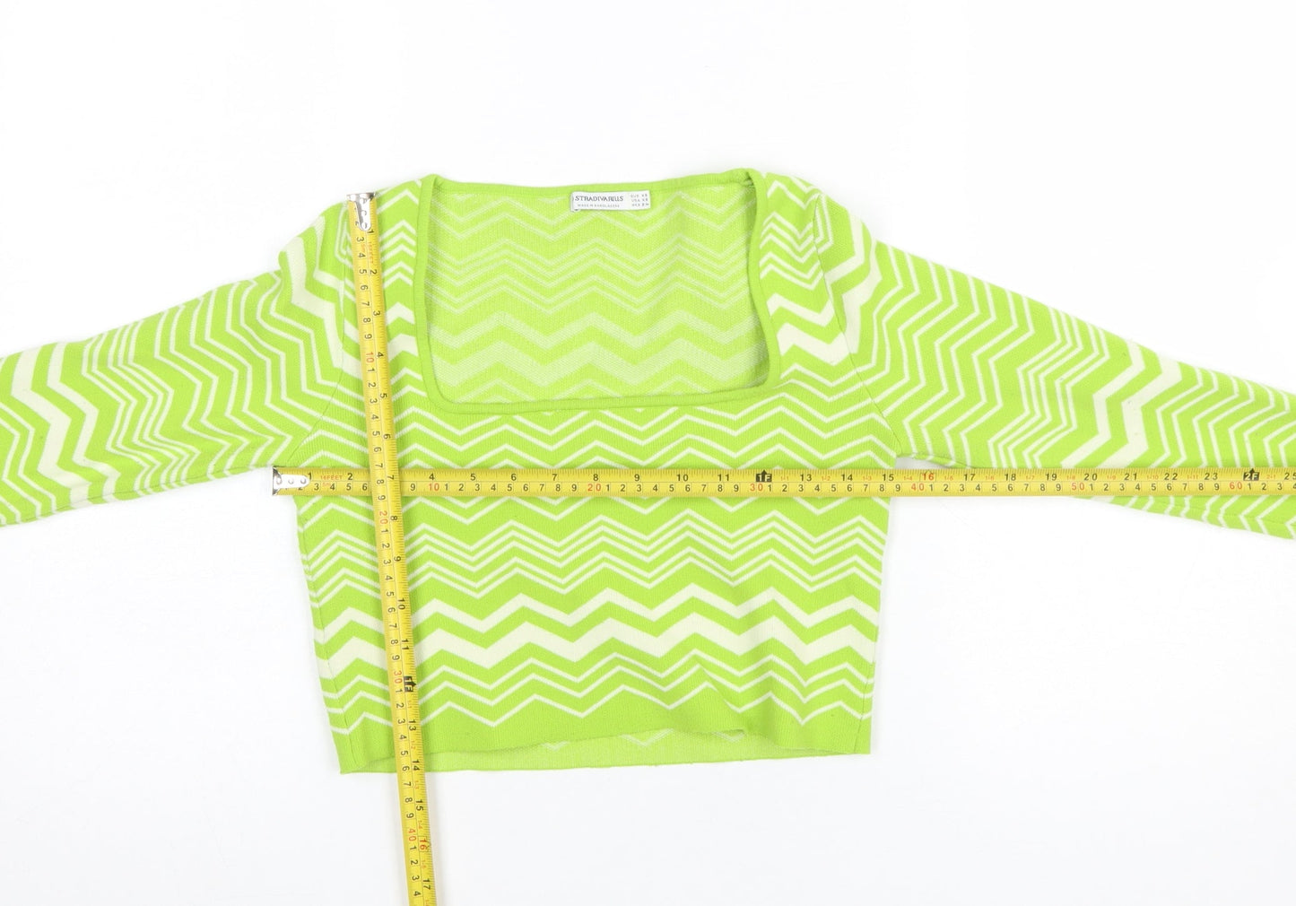 Stradivarius Women Green XS Zigzag Knit Square Neck Jumper