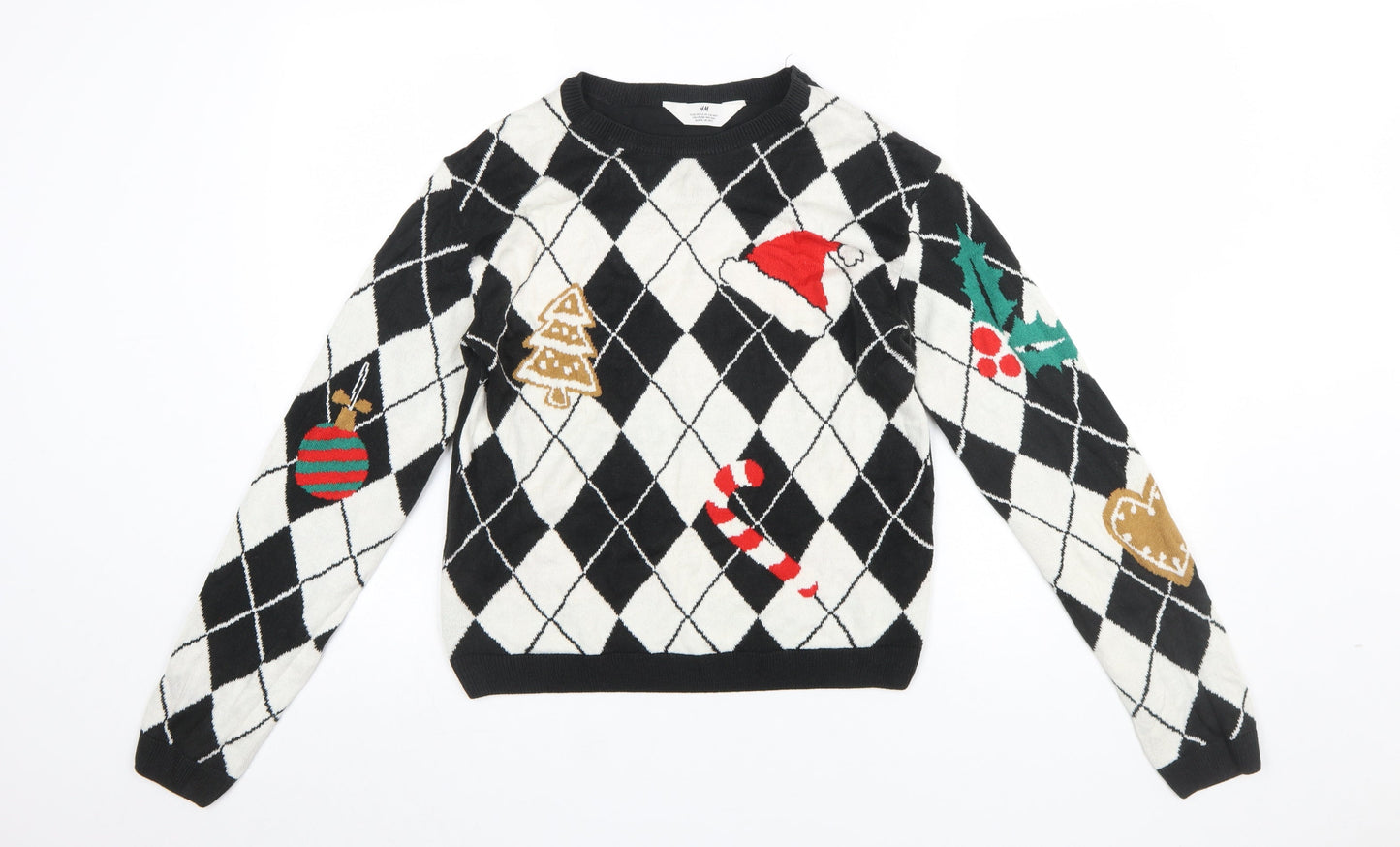 H&M Girls Black White Christmas Argyle Pullover Jumper 14 Years