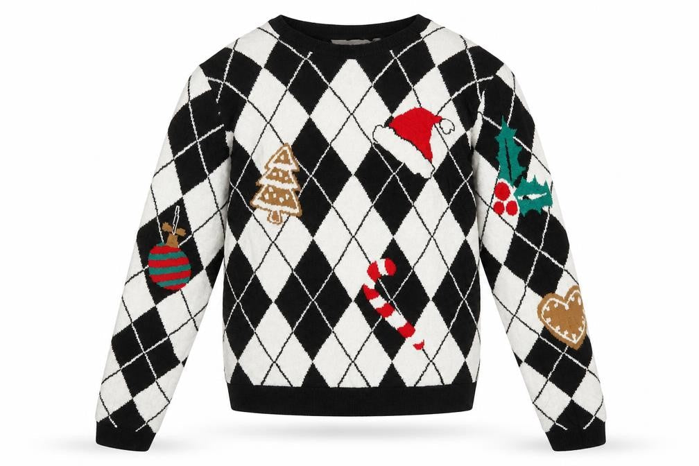 H&M Girls Black White Christmas Argyle Pullover Jumper 14 Years