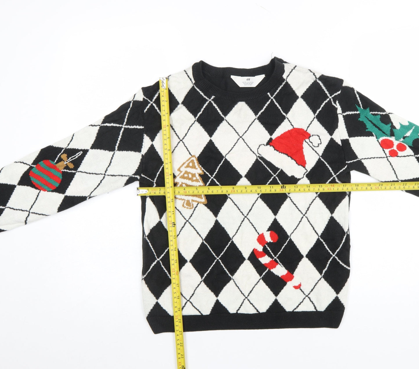 H&M Girls Black White Christmas Argyle Pullover Jumper 14 Years