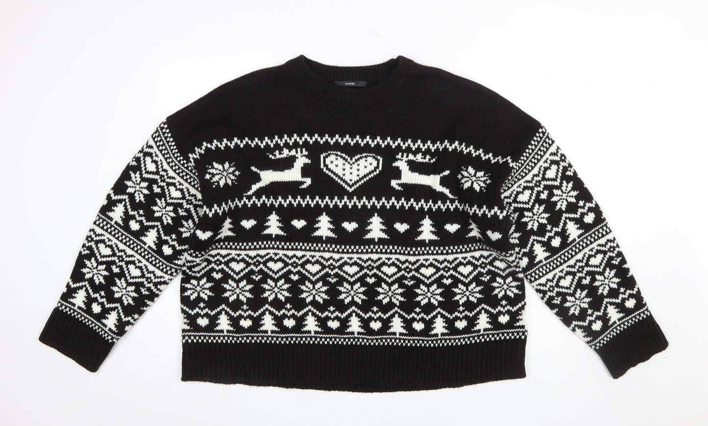 George Women’s Black White XL Fair Isle Reindeer Christmas Jumper