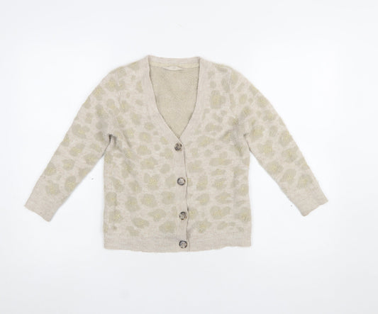 John Lewis Girls Beige Leopard Print Button Cardigan Age 8 Long Sleeve Knit