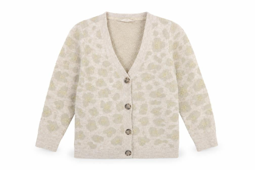 John Lewis Girls Beige Leopard Print Button Cardigan Age 8 Long Sleeve Knit