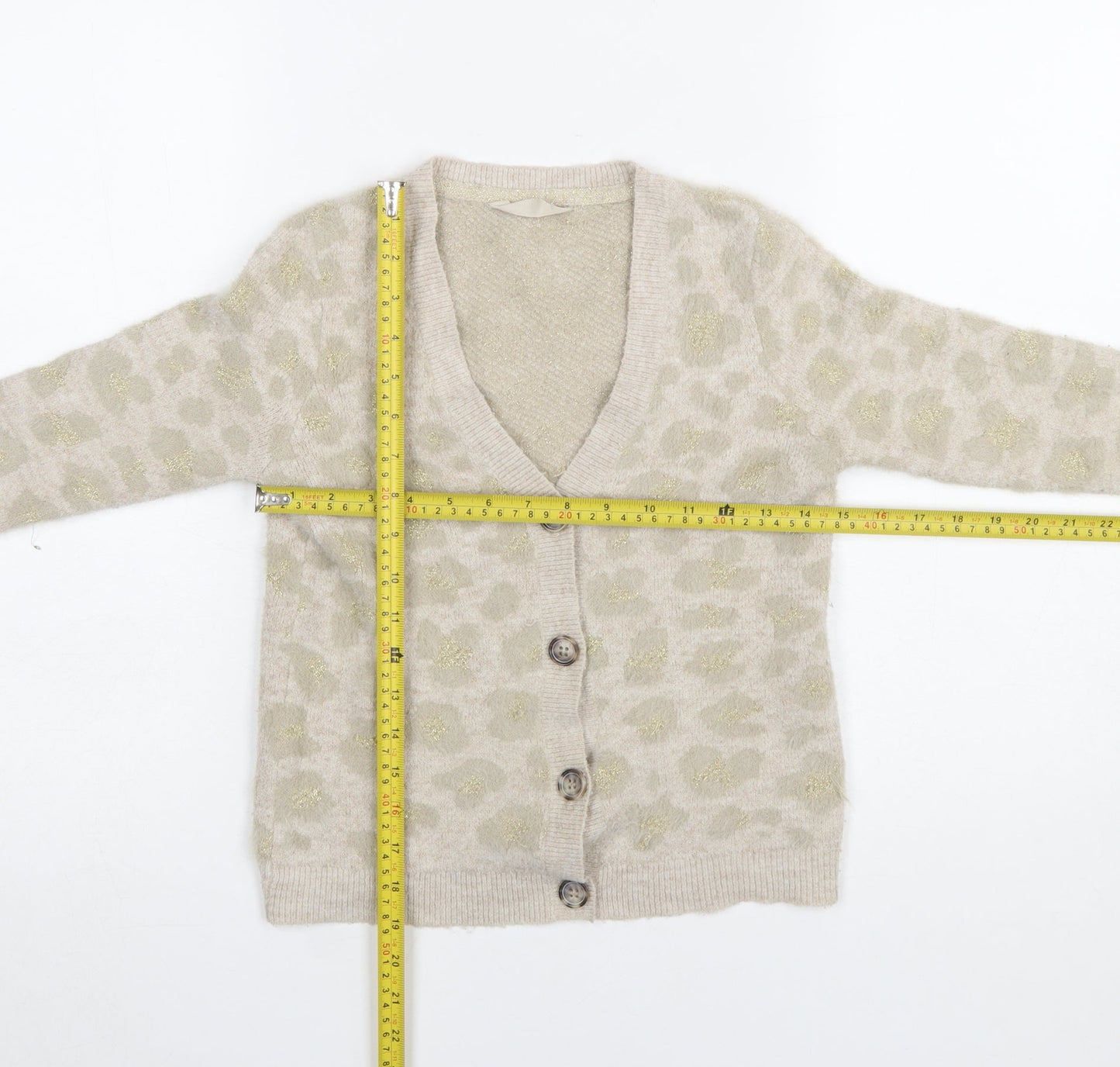 John Lewis Girls Beige Leopard Print Button Cardigan Age 8 Long Sleeve Knit