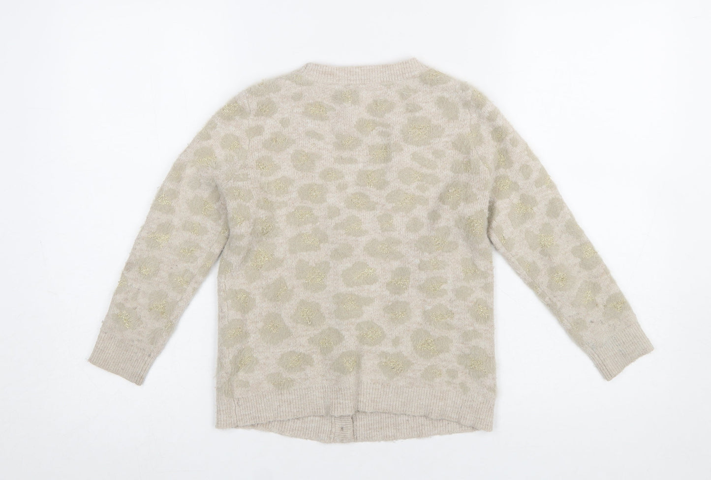 John Lewis Girls Beige Leopard Print Button Cardigan Age 8 Long Sleeve Knit