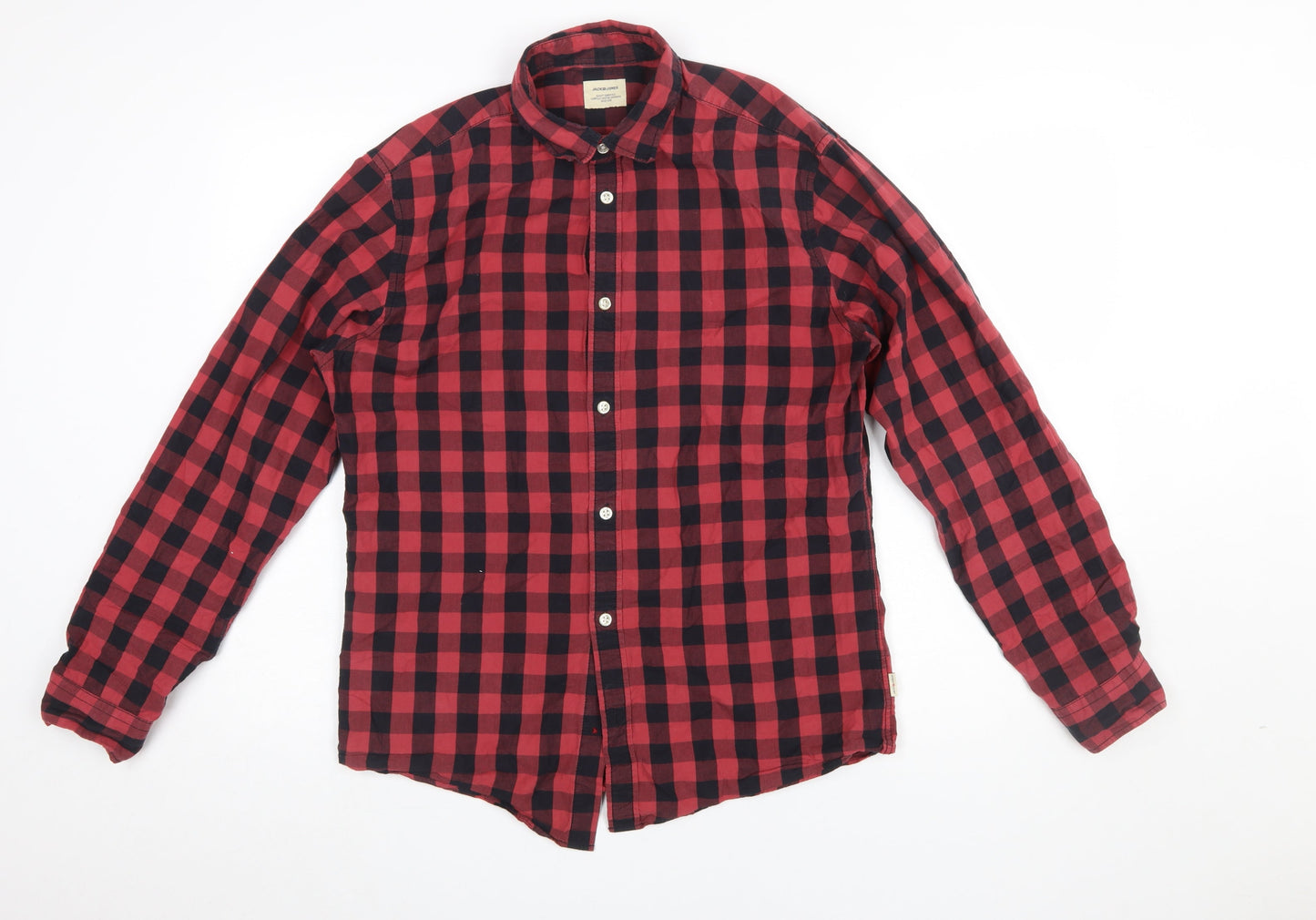 Jack & Jones Men's Red Check Flannel Button-Up Shirt M Regular Fit