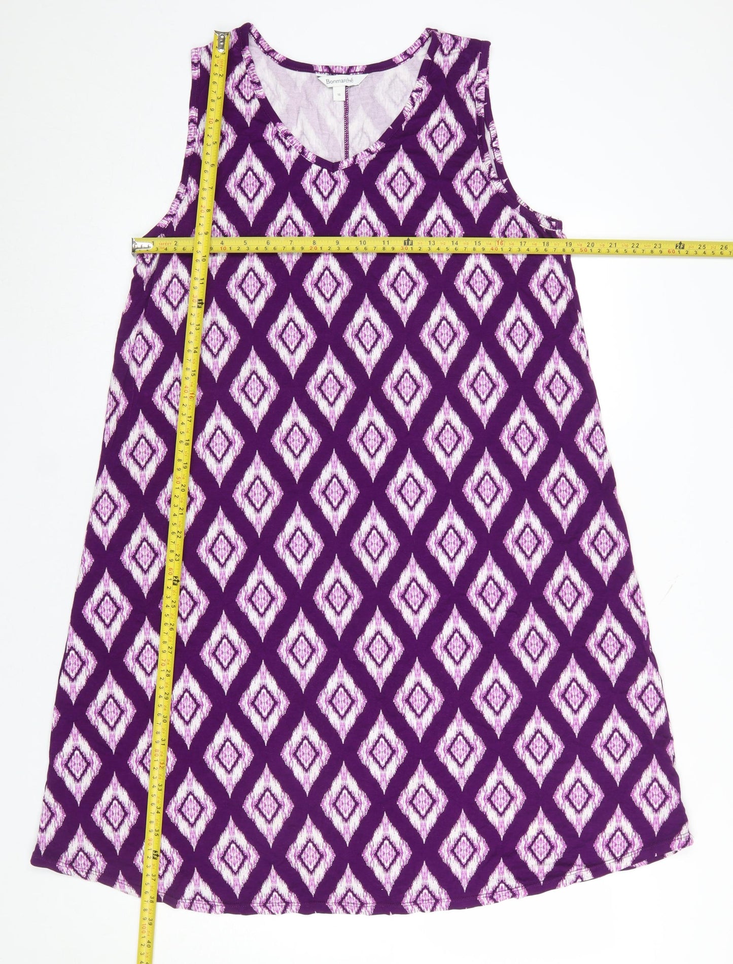 Bonmarché Women’s Purple Geometric A-Line Sleeveless Dress Size 16