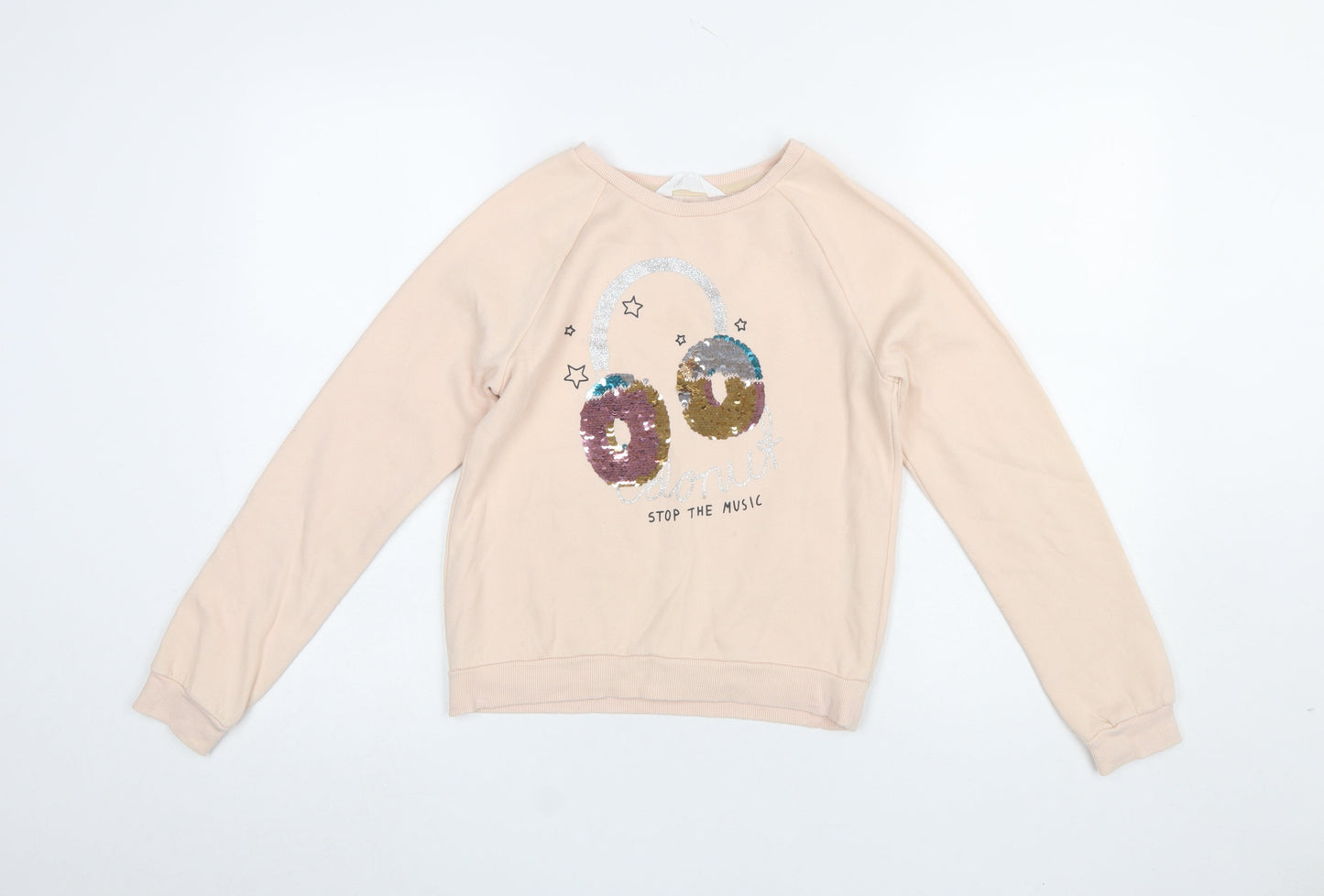 H&M Girls Beige Sequin Music Graphic Pullover Sweatshirt 11-12 Years