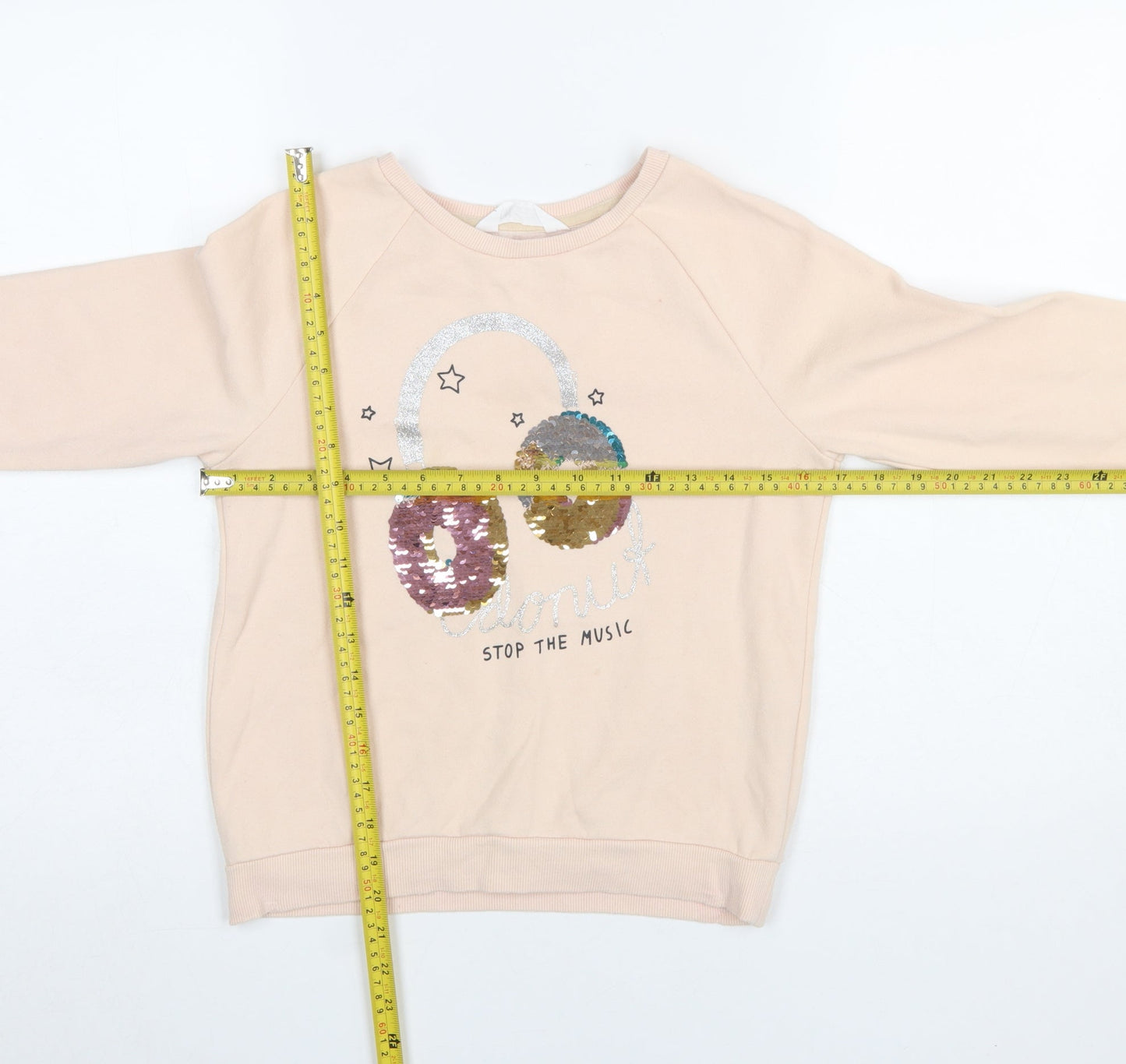 H&M Girls Beige Sequin Music Graphic Pullover Sweatshirt 11-12 Years