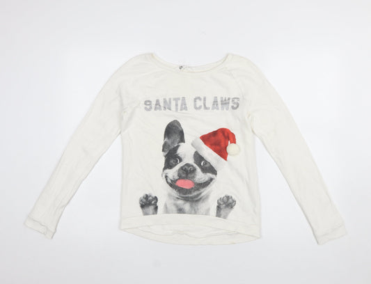 H&M Girls White Santa Claws Dog Christmas Sweatshirt Size 14 Years