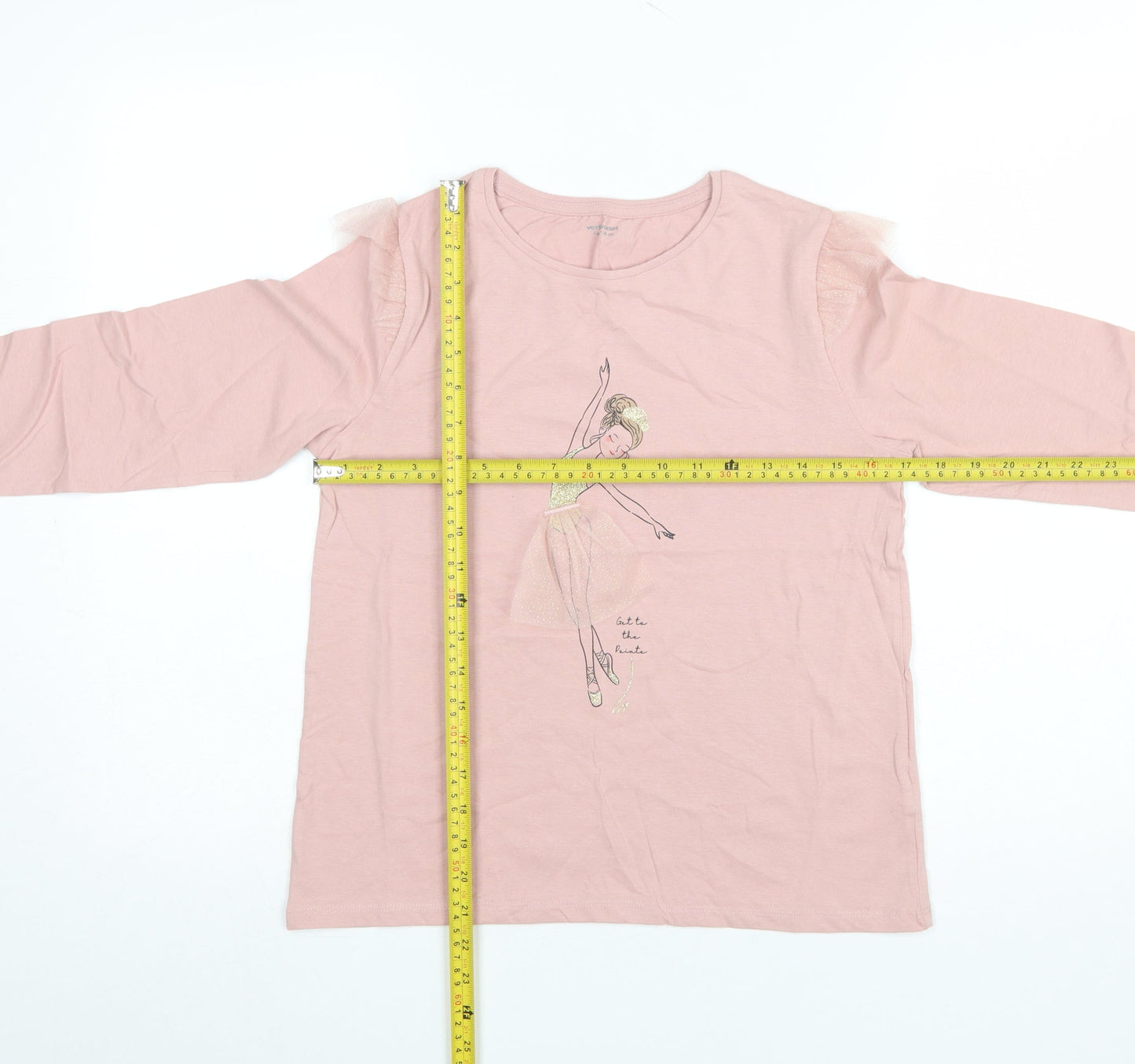 Vertbaudet Girls Pink Long Sleeve Ballerina T-Shirt 14 Years Cotton Ruffle Detail