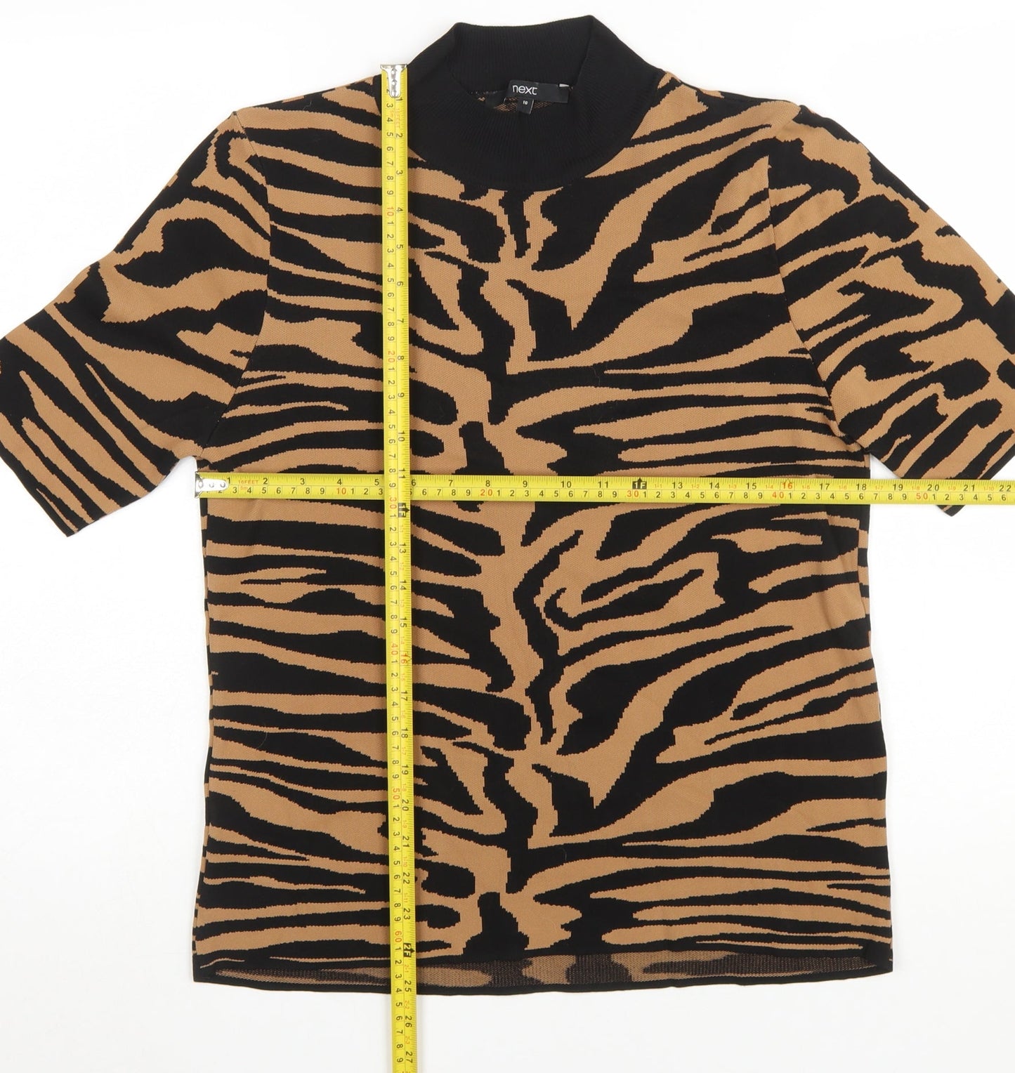 Next Women’s Brown Black Animal Print Mock Neck Short Sleeve Top Size 16