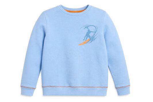 Front view of FatFace boys’ blue surf graphic long sleeve cotton sweatshirt 10-11 years