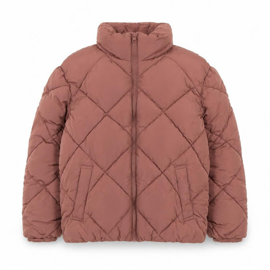 Front view of New Look girls’ brown quilted puffer jacket, size 8, years