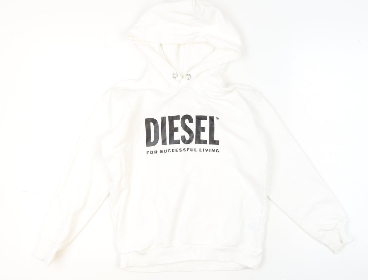 Diesel Girls White Cotton Pullover Hoodie 10 Years Logo Print Sweatshirt