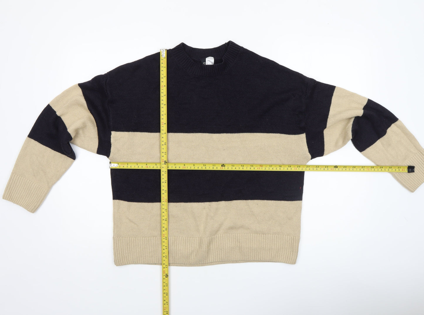 H&M Women’s Beige & Black Striped Crew Neck Pullover Jumper Size 8