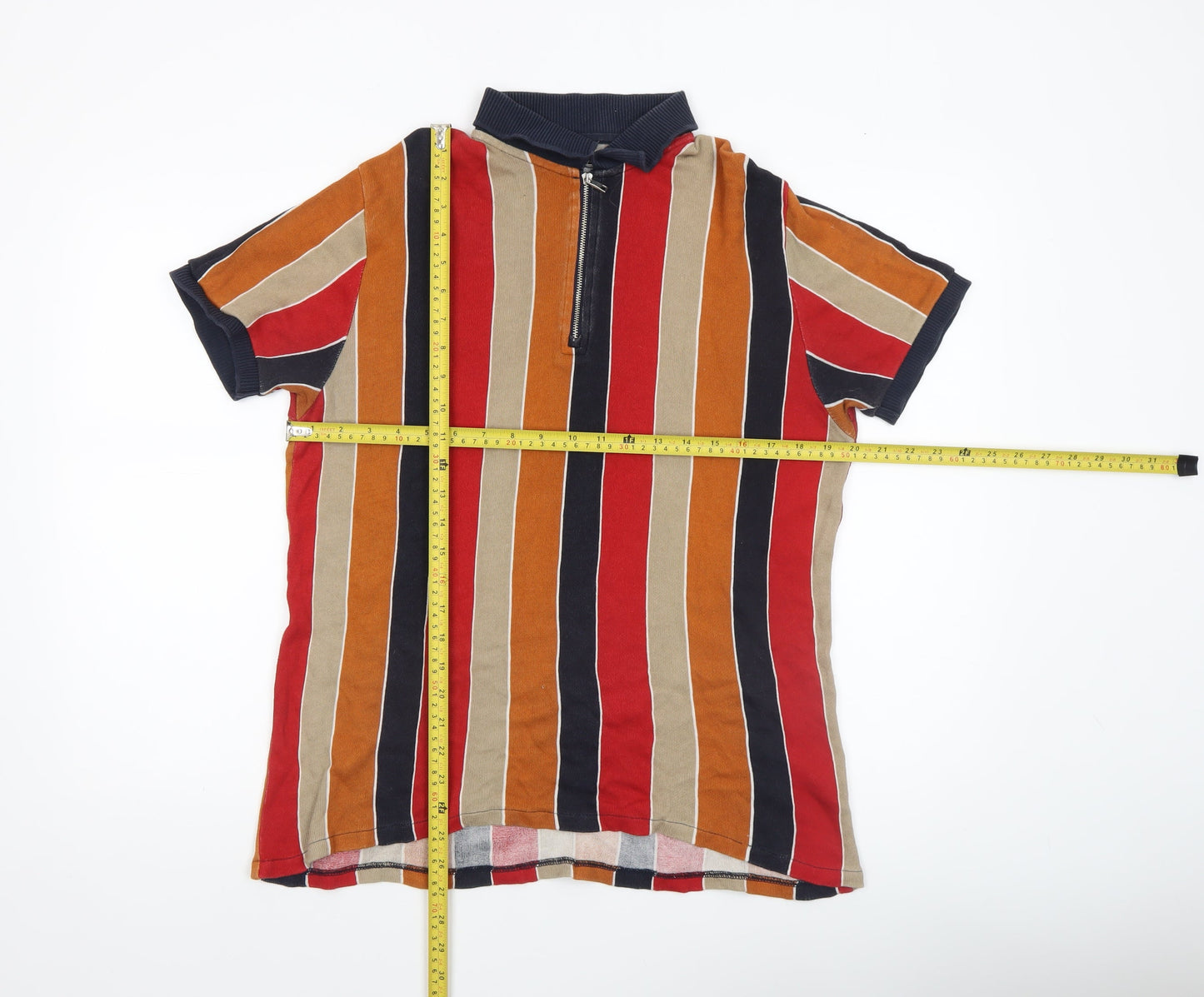 Zara Man Men's Multicoloured Striped Short Sleeve Polo Shirt L