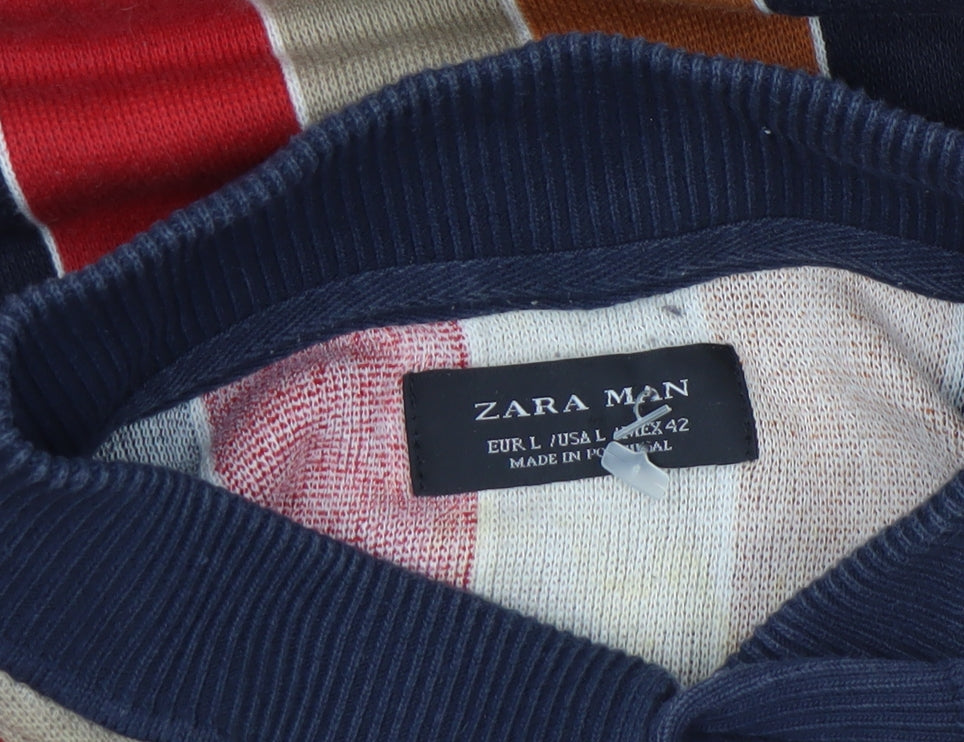 Zara Man Men's Multicoloured Striped Short Sleeve Polo Shirt L