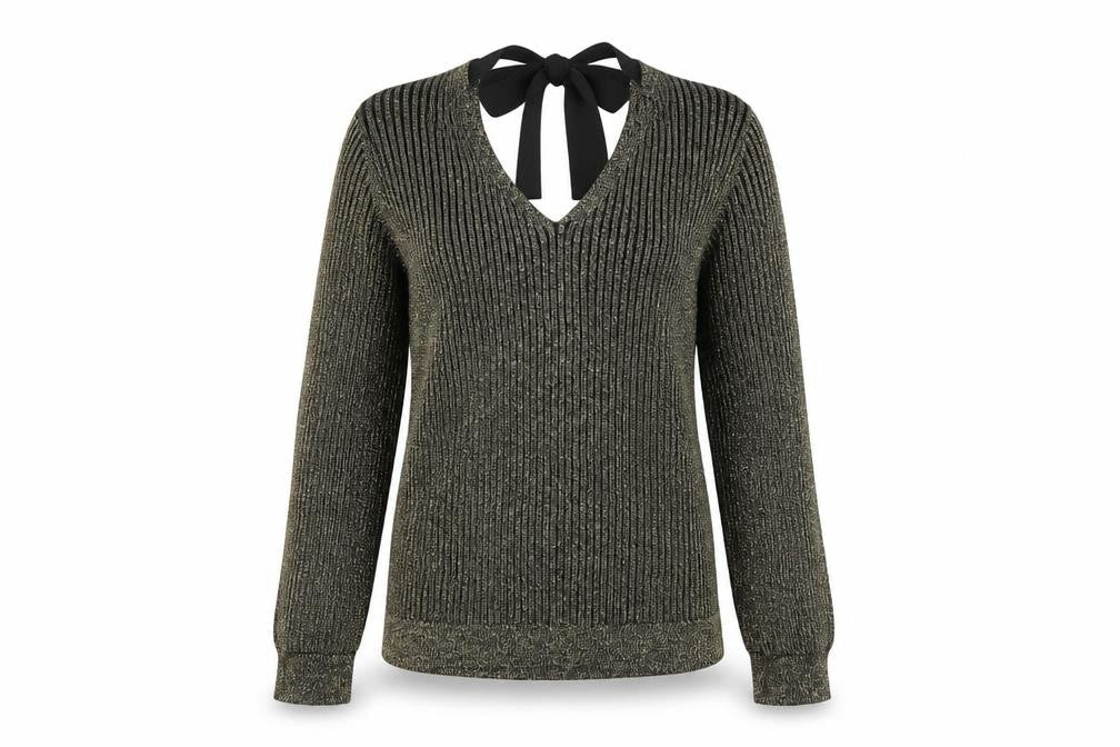 Marks & Spencer Women’s Black Metallic Ribbed V-Neck Jumper Size 14