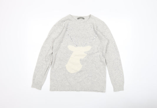 Oasis Women’s Grey Reindeer Sequin Jumper Size M Crew Neck Knitwear