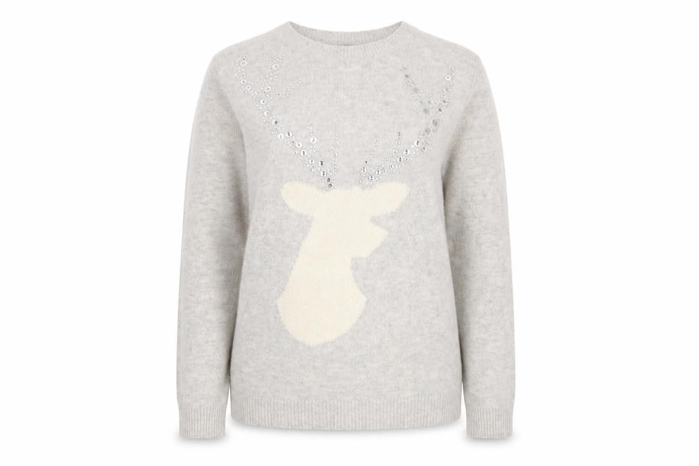 Oasis Women’s Grey Reindeer Sequin Jumper Size M Crew Neck Knitwear