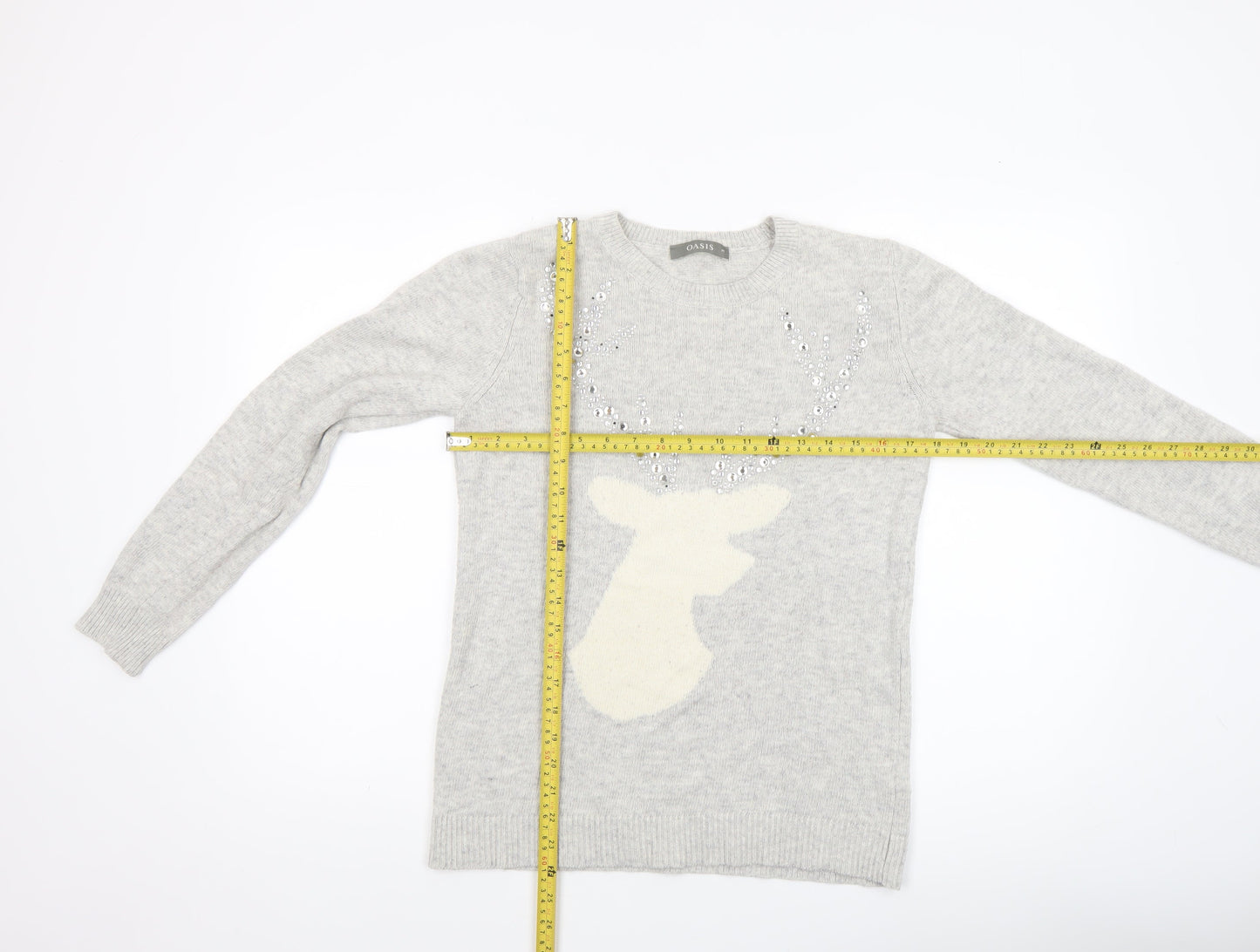 Oasis Women’s Grey Reindeer Sequin Jumper Size M Crew Neck Knitwear