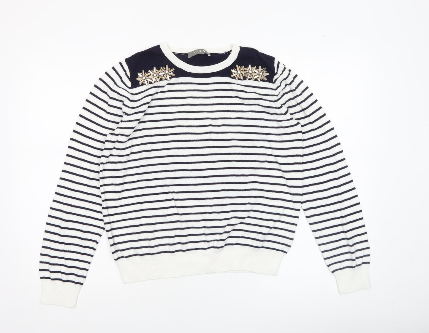 Oasis Women’s White Navy Striped Beaded Crew Neck Jumper Size L