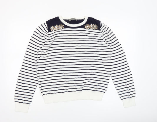 Oasis Women’s White Navy Striped Beaded Crew Neck Jumper Size L
