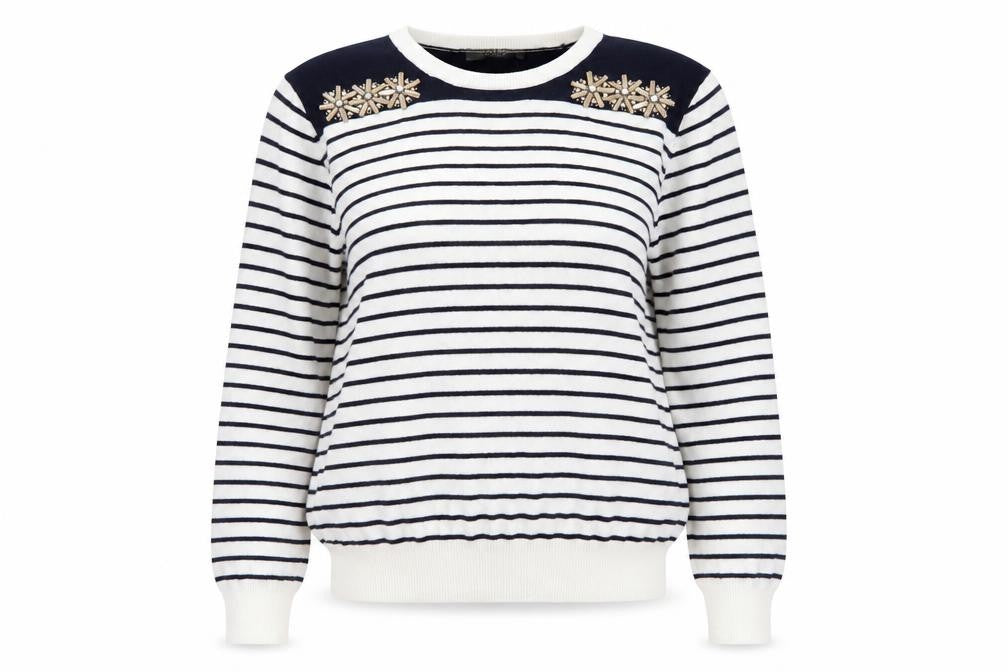 Oasis Women’s White Navy Striped Beaded Crew Neck Jumper Size L
