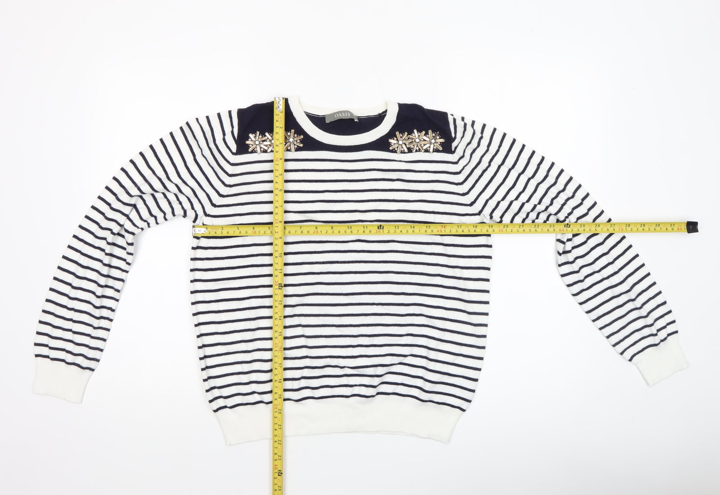 Oasis Women’s White Navy Striped Beaded Crew Neck Jumper Size L