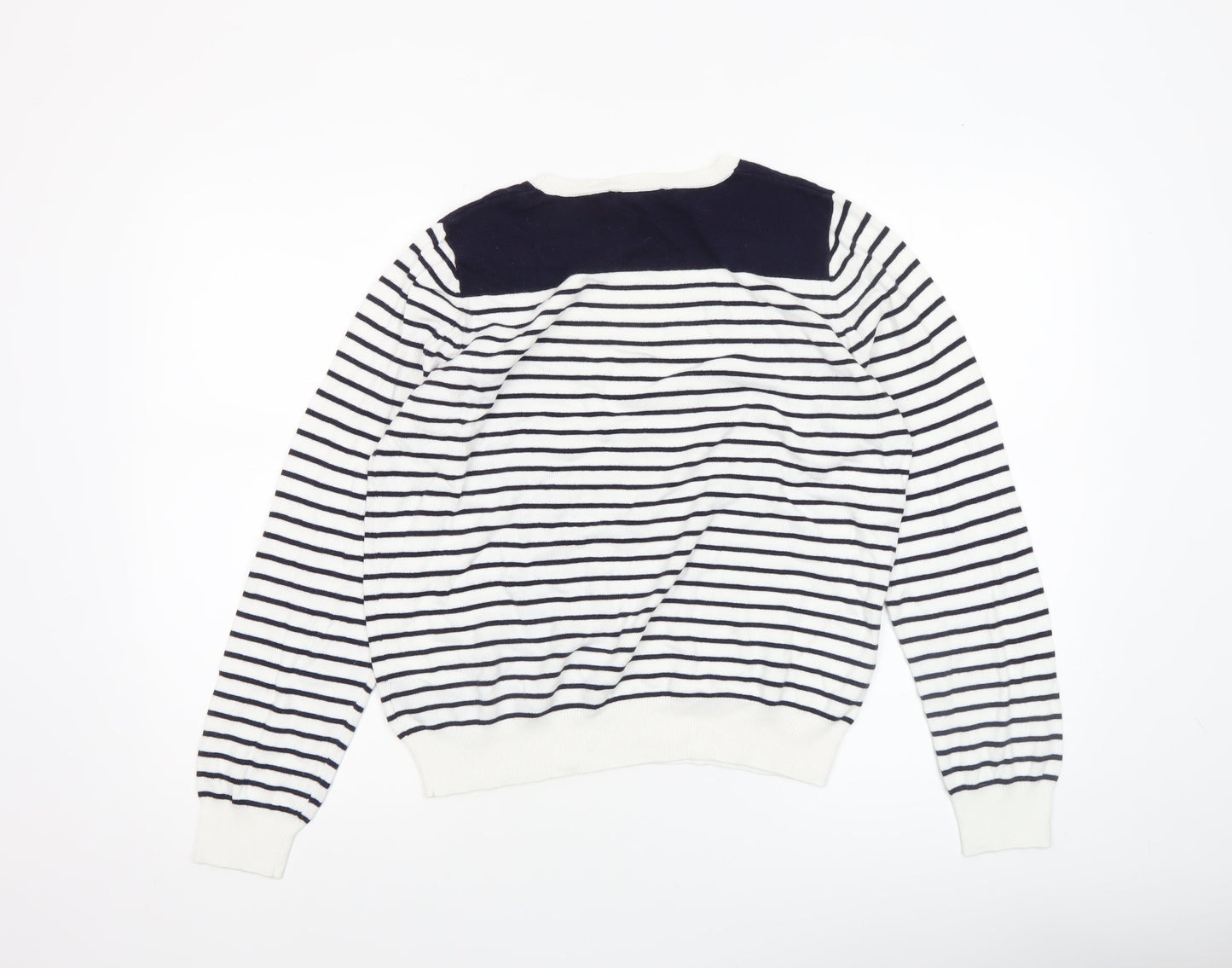 Oasis Women’s White Navy Striped Beaded Crew Neck Jumper Size L