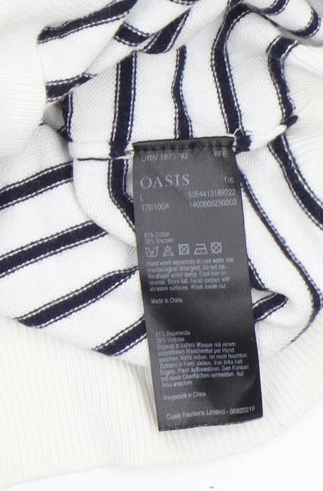 Oasis Women’s White Navy Striped Beaded Crew Neck Jumper Size L