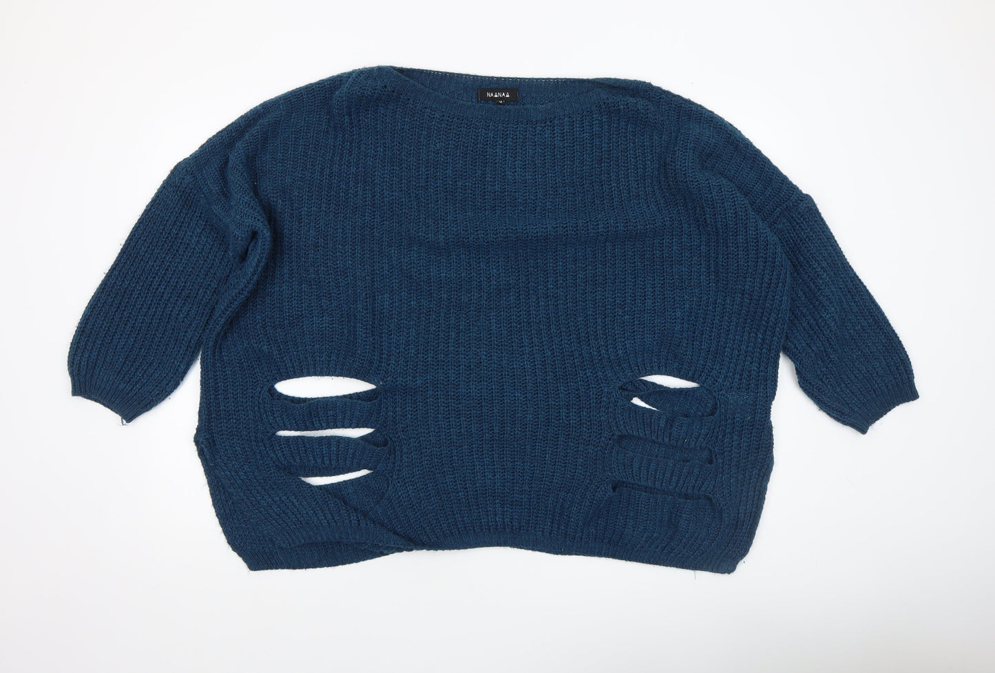 Naanaa Women's Blue Chunky Knit Distressed Pullover Jumper Size S