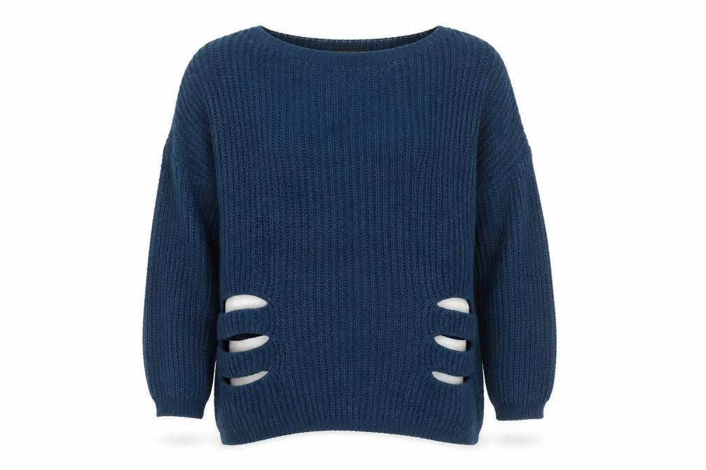 Naanaa Women's Blue Chunky Knit Distressed Pullover Jumper Size S