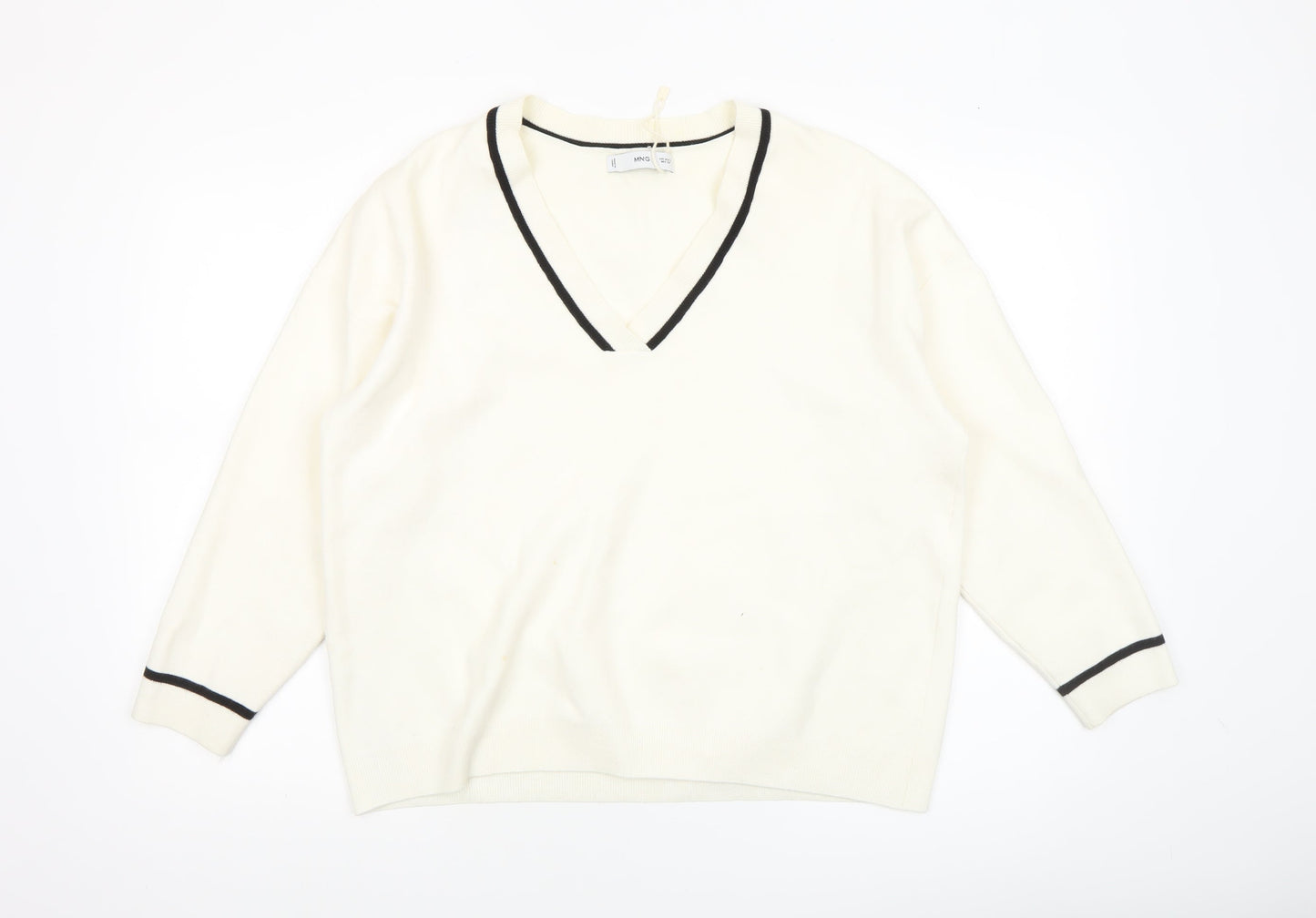 MNG Women's Ivory V-Neck Knit Jumper Size S Classic Style